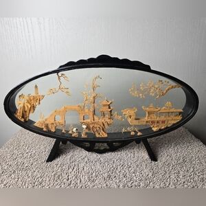 Vintage Chinese Diorama Cork Carving Oval Wooden Glass Case